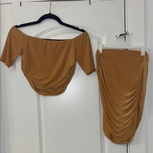 Fashion Nova Gold/Tan Midi Pencil Skirt and Crop Top Set